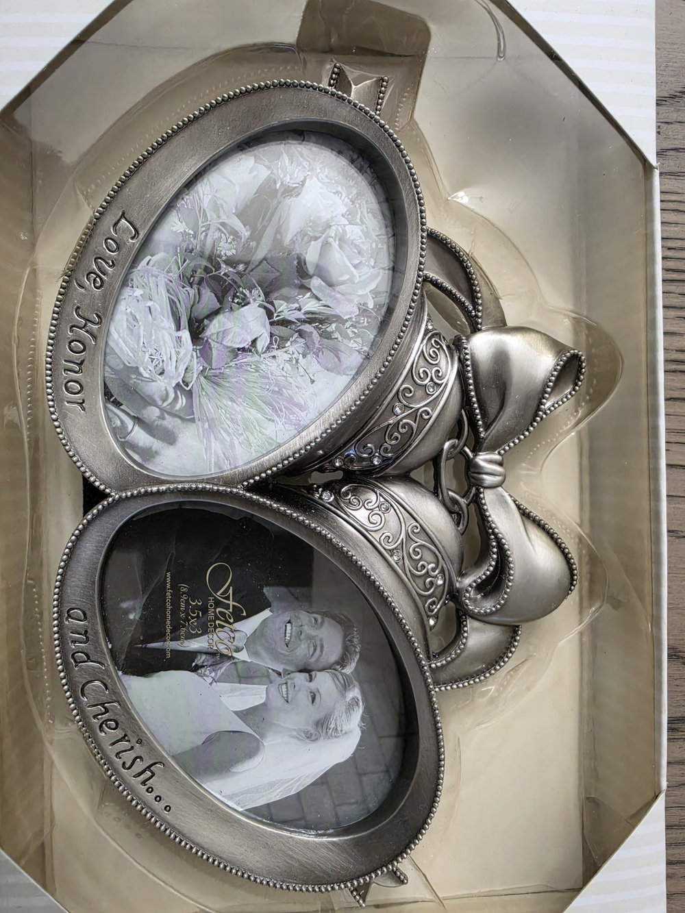 Double Oval Bow Frame - Pewter Finish Love, Honor and Cherish